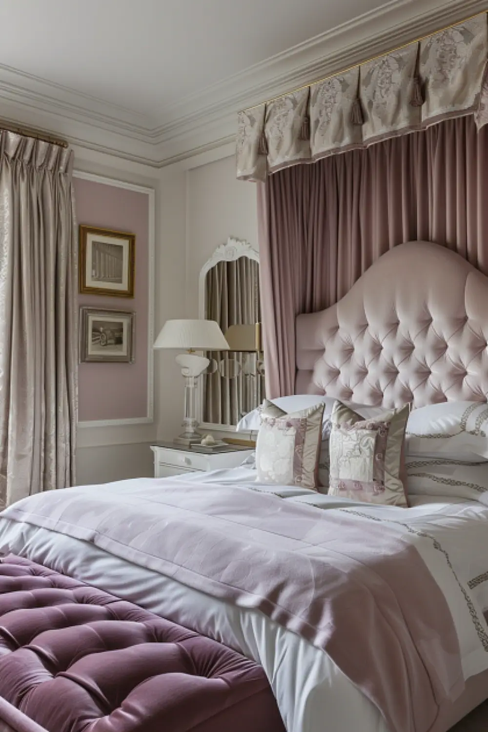 Sophisticated boho bedroom with chic pink shades and elegant decor.