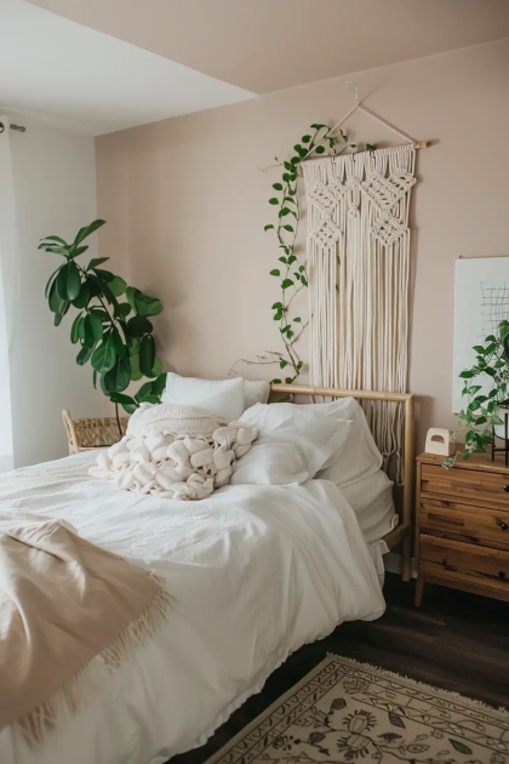 Subtle blush walls in a boho bedroom with macrame and bamboo accents.