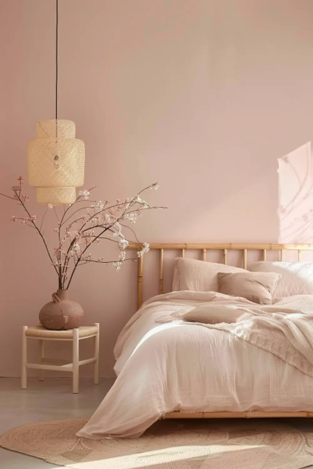 Serene boho bedroom with light pink walls and Zen-inspired elements.