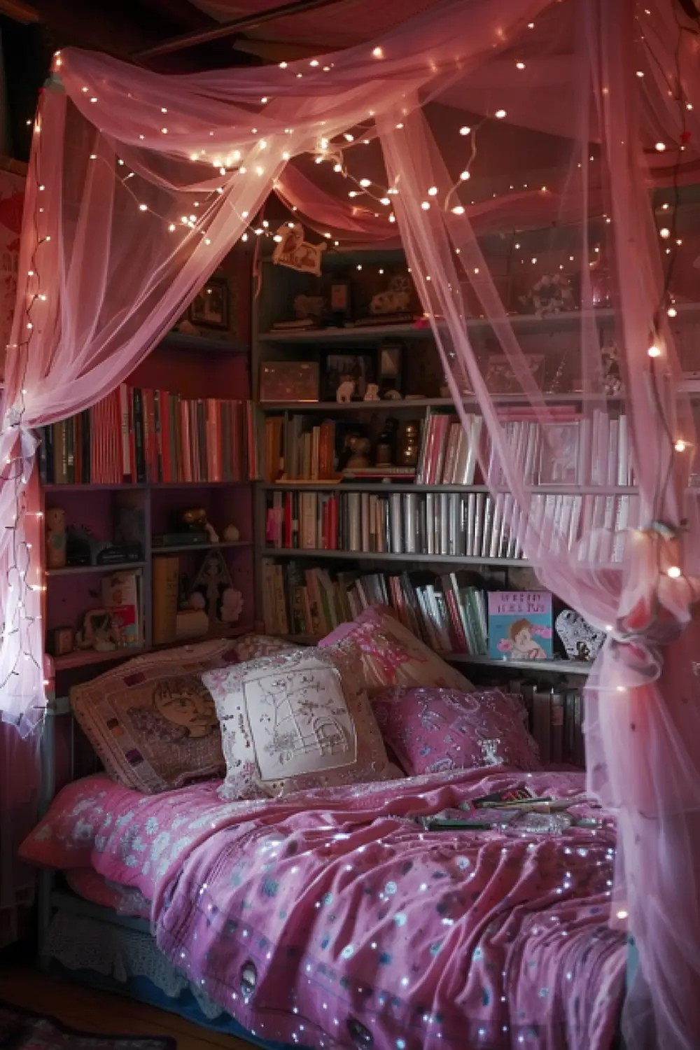 Whimsical boho bedroom with enchanting pink hues and fairy lights.