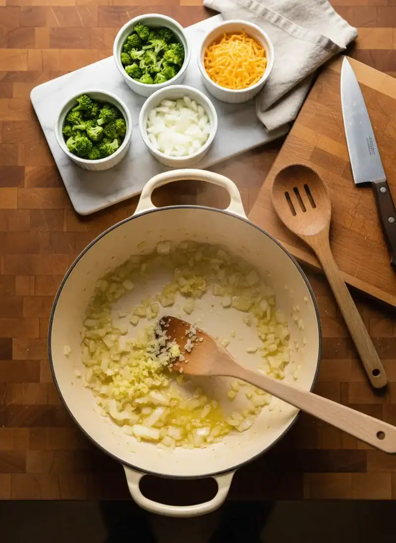 Sautéing the Aromatics - Broccoli Cheddar Soup Crockpot Recipe