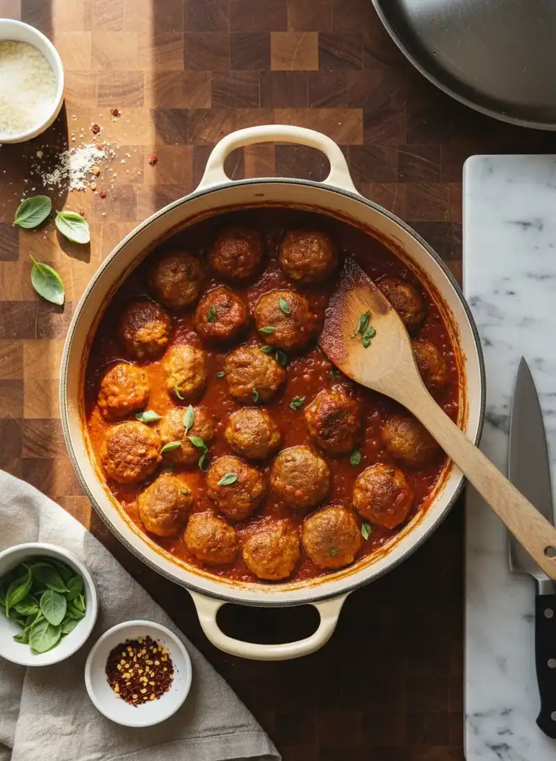 Simmering and Finishing - Bobby Flay’s Italian Meatball Recipe