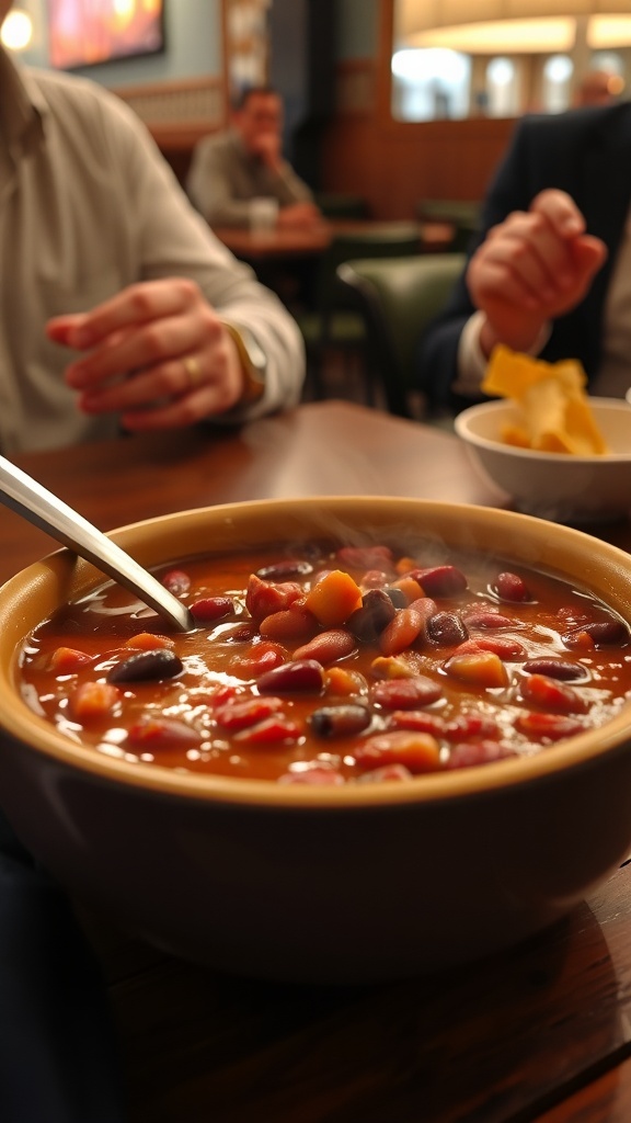 A steaming bowl of chili with beans, served in a cozy setting.