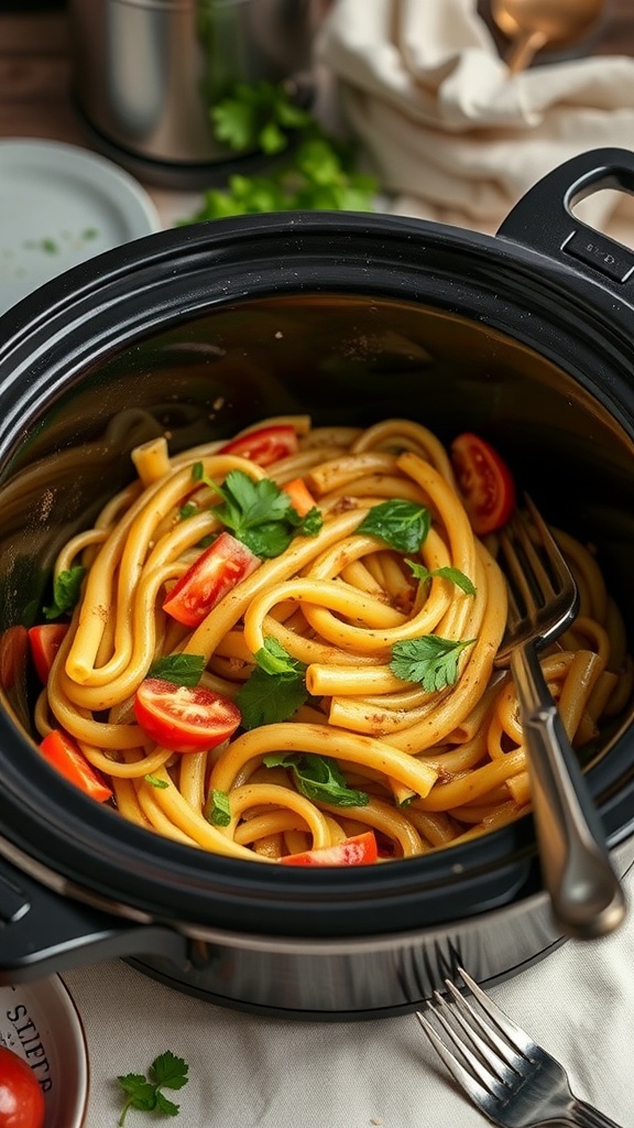 A bowl of lukewarm pasta primavera with tomatoes and herbs in a slow cooker.