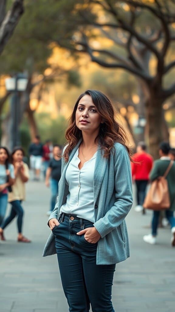 A confident woman standing in a busy street, surrounded by people, representing self-confidence.