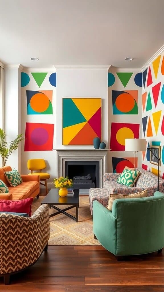 A vibrant living room with bold geometric patterns on the walls, featuring colorful furniture and decor.