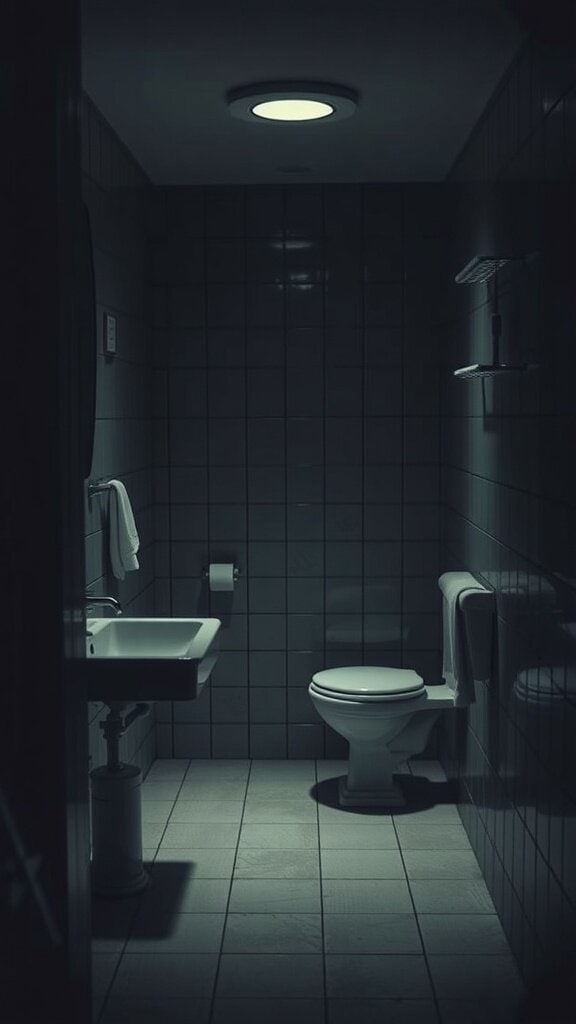 A dimly lit bathroom with a sink and toilet, highlighting poor lighting choices.
