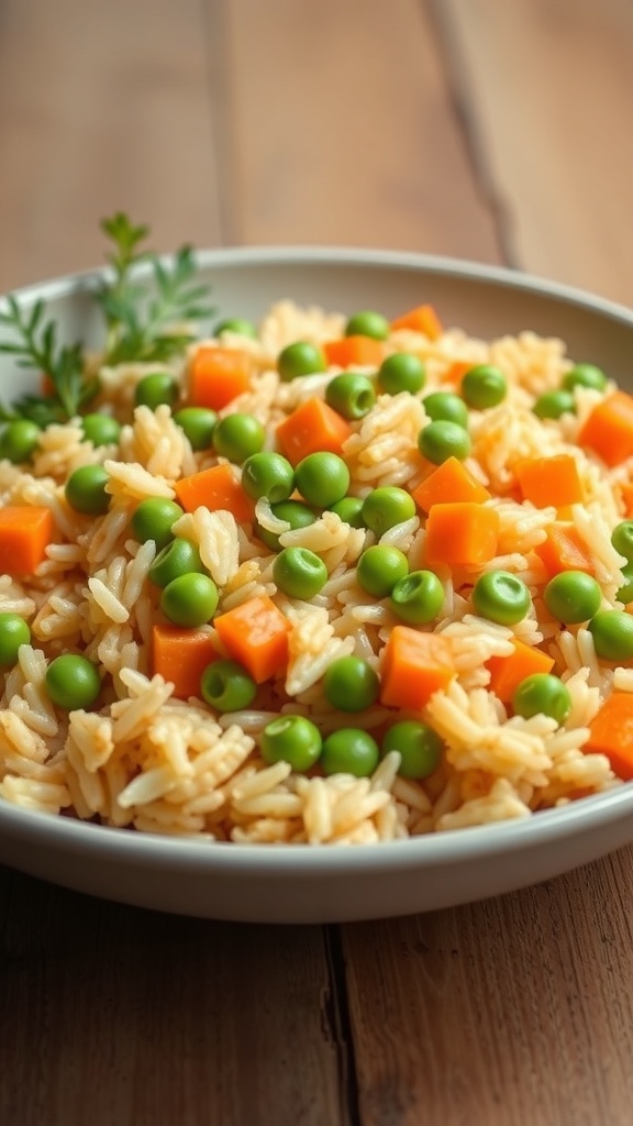 A bowl of colorful egg fried rice with peas and carrots, garnished with green onions.