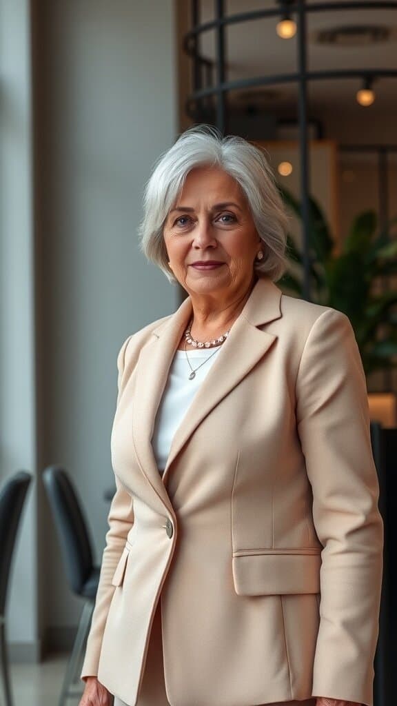 A woman over 50 wearing a tailored beige blazer, exuding confidence and sophistication.
