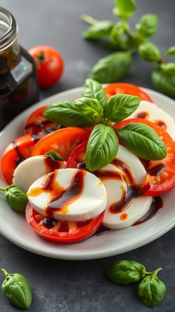 A plate of Caprese salad with slices of tomato, mozzarella, and fresh basil, drizzled with balsamic reduction.