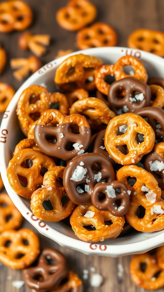 A bowl of chocolate-covered pretzels with some sprinkled sea salt, showcasing a mix of sweet and salty snacks.