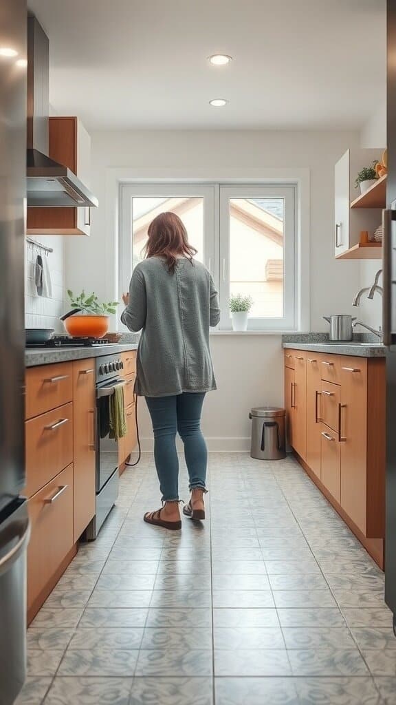 A woman in a cozy kitchen with non-slip flooring, preparing a meal.