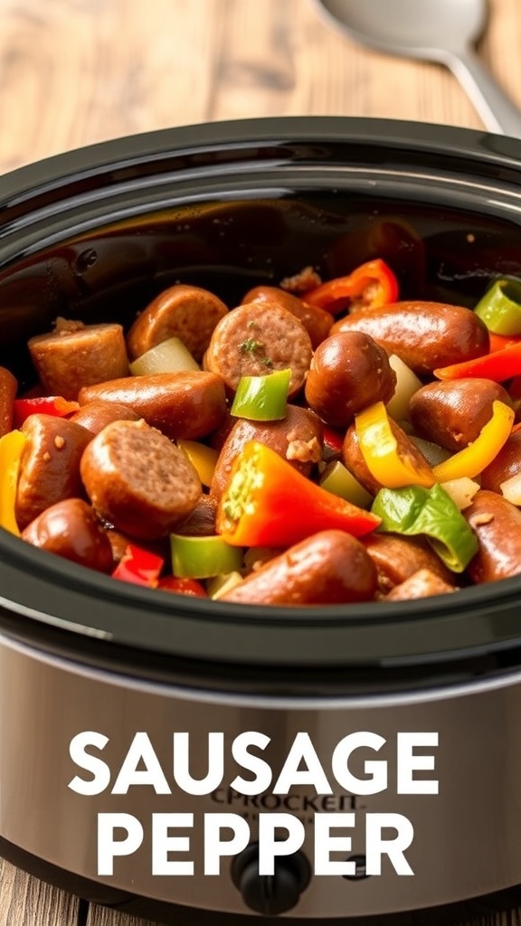 A close-up of a crockpot filled with sausage and colorful bell peppers, showcasing a delicious meal option.