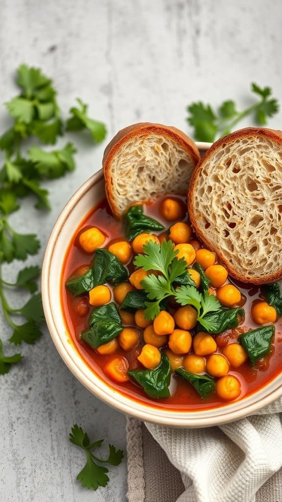 A bowl of chickpea and spinach stew with a slice of bread on the side.