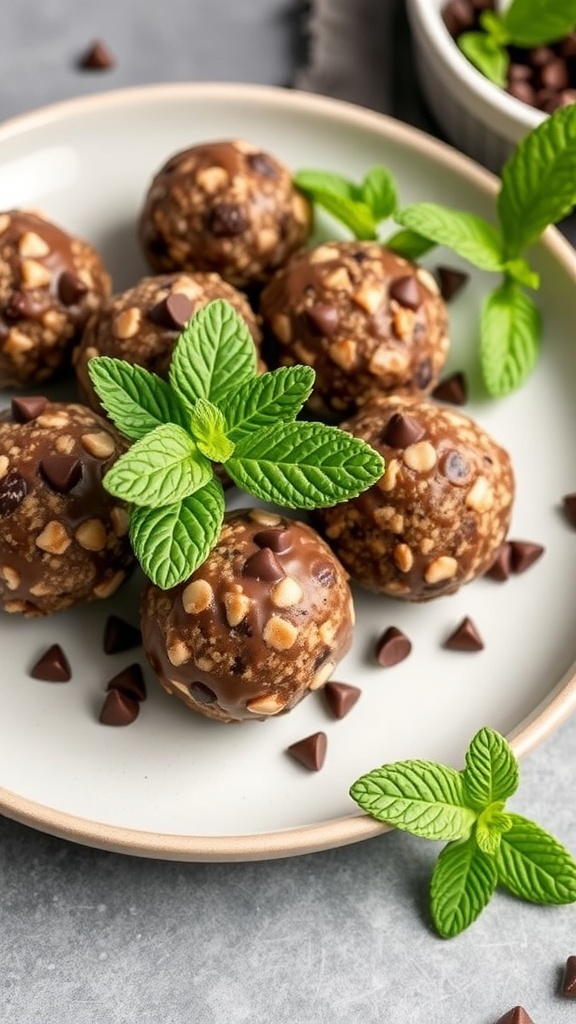A plate of Mint Chocolate Chip Energy Bites garnished with fresh mint leaves.