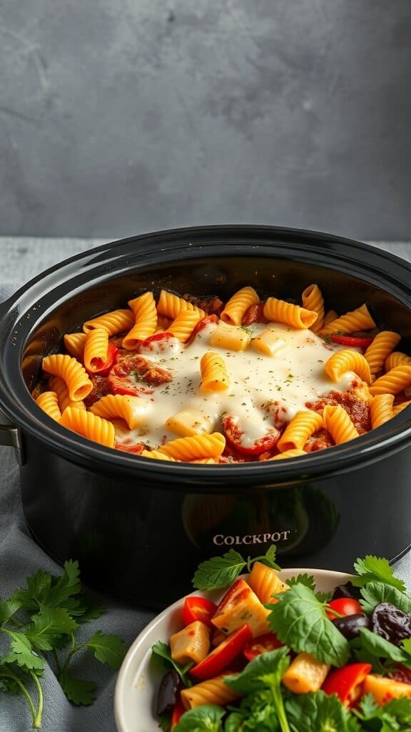 A crockpot filled with pasta bake, featuring cheesy layers and colorful pasta.