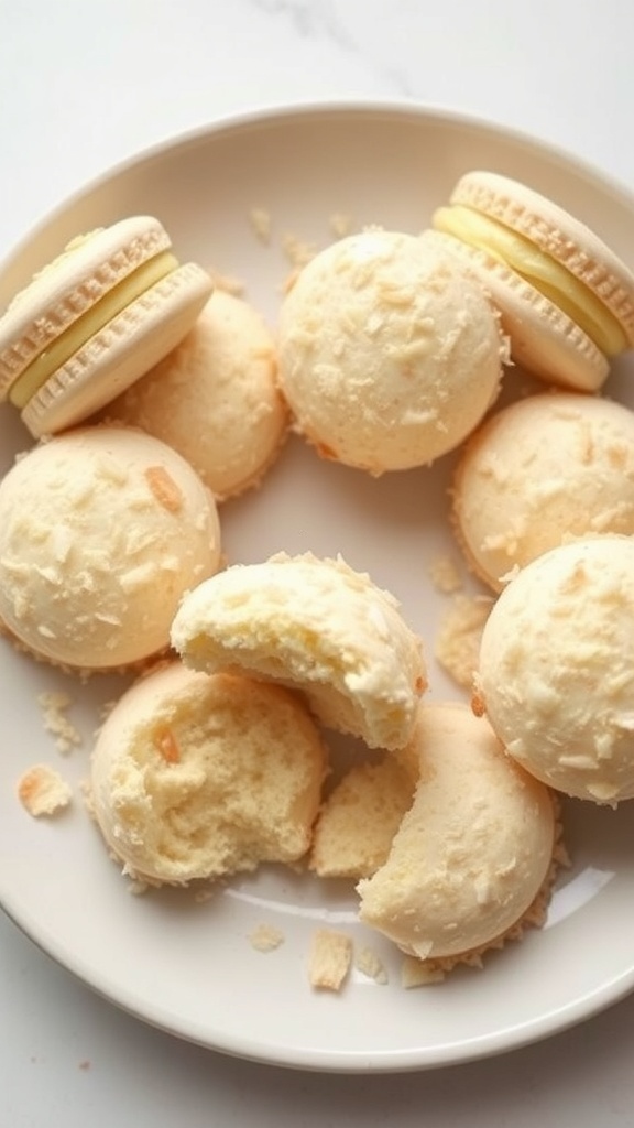 A plate of coconut macaroons, some whole and some broken open, showcasing their chewy texture and shredded coconut exterior.