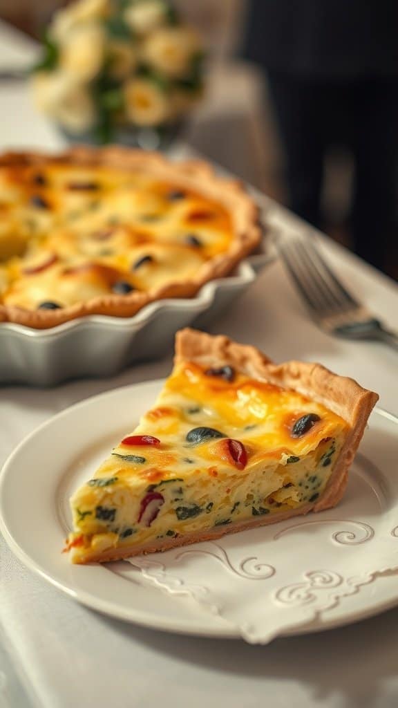 A slice of quiche on a plate, showcasing a golden crust and colorful filling.