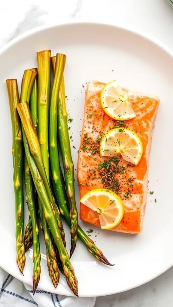 Baked salmon fillet with lemon slices and asparagus on a plate