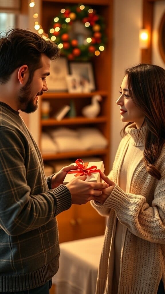 A man giving a wrapped gift to a woman, both smiling in a cozy setting.