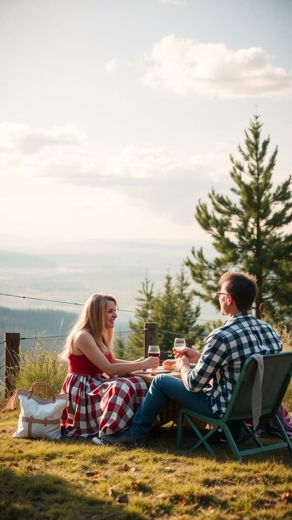 A couple enjoying a picnic in nature, sharing drinks and smiles.