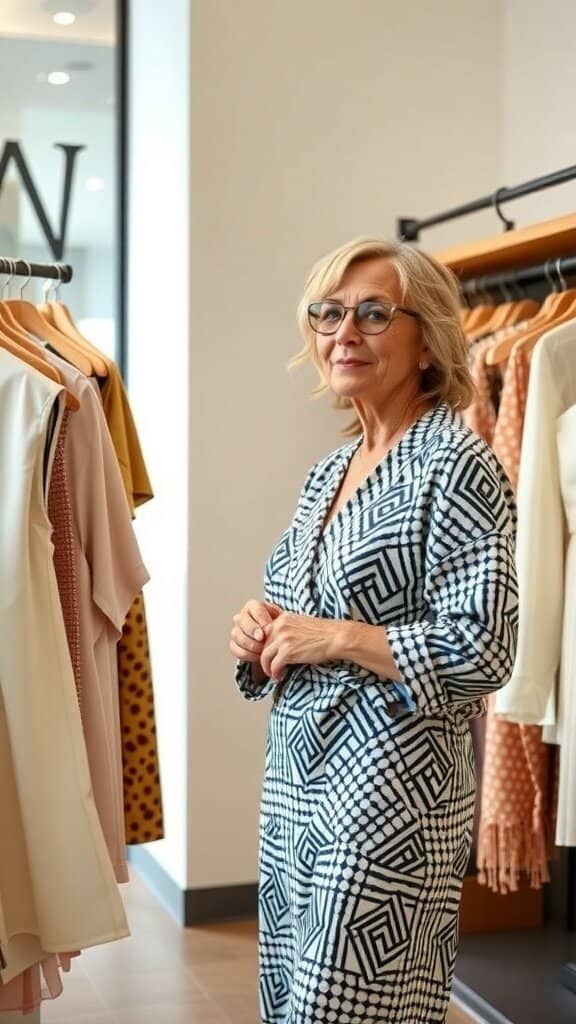 A woman in a clothing store looking at outfits, wearing a patterned dress.