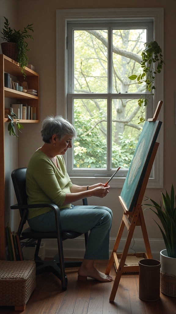 A woman with gray hair painting on an easel in a bright room, surrounded by plants and books.