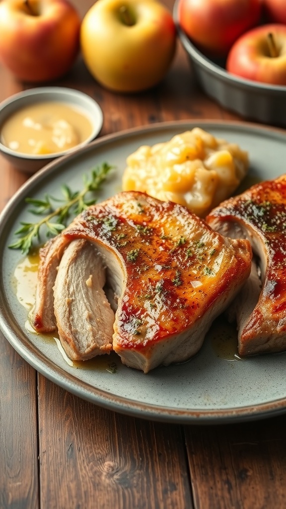 Delicious pork chops served with applesauce and fresh apples in the background.
