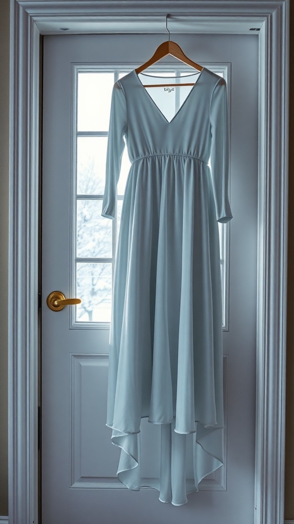 A light blue midi dress hanging on a door, showcasing a V-neckline and flowing fabric.