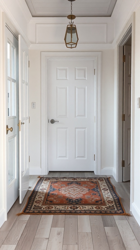 A hallway with a faded rug on the floor and white doors on either side.