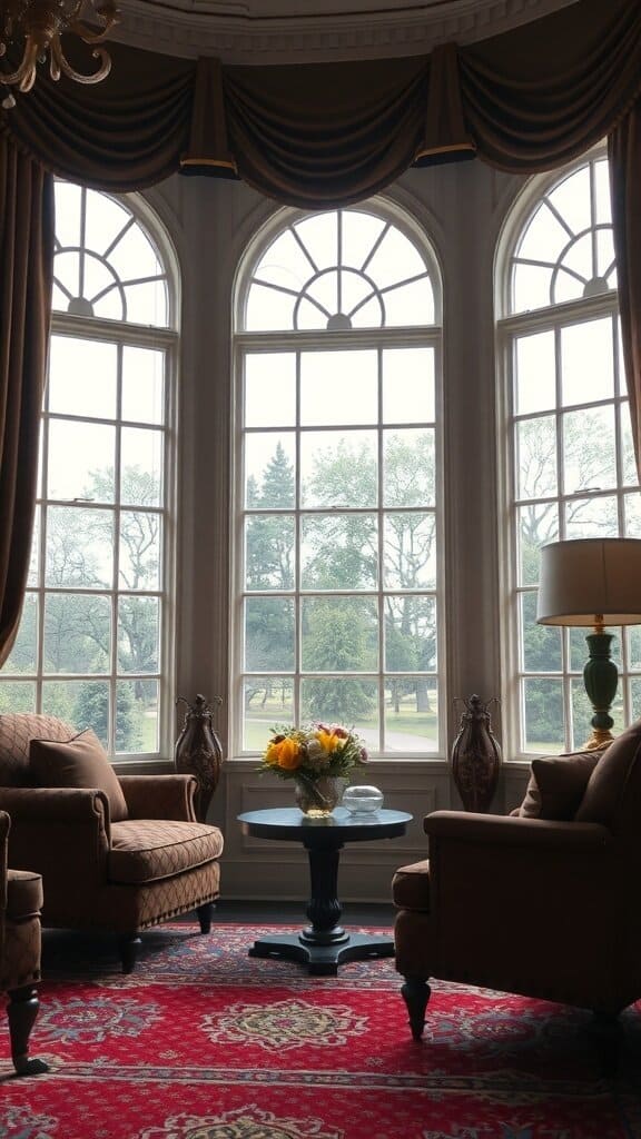 A cozy living room featuring heavy drapes over large windows, with a small table and two armchairs.