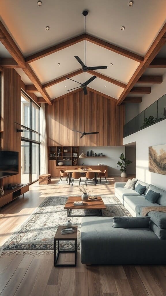 A spacious open concept living area with wooden beams, large windows, and a cozy sofa.
