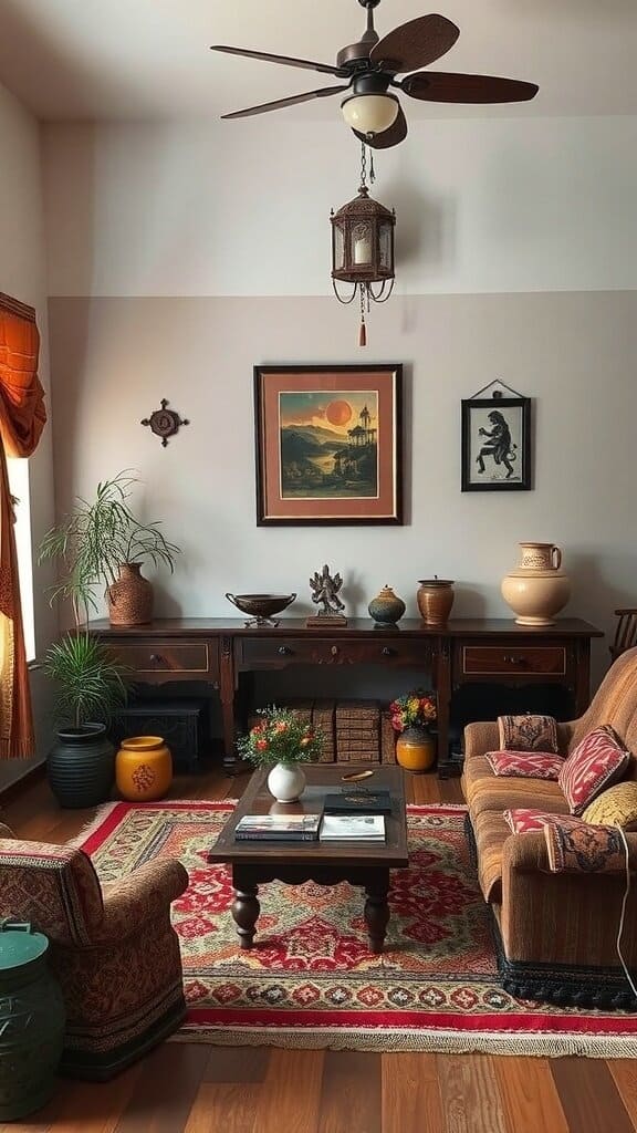 A cozy living room featuring wooden furniture, heritage decor, and colorful accessories.