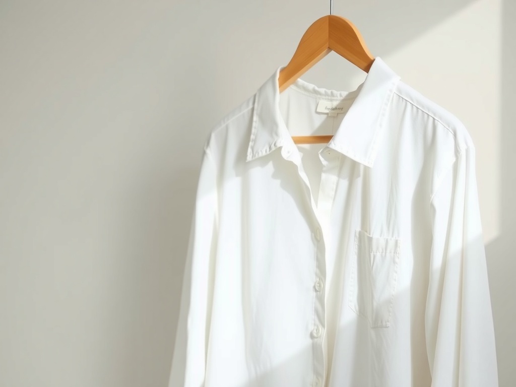 A classic white blouse hanging on a wooden hanger, illuminated by natural light.