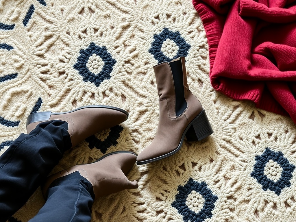 A pair of stylish brown ankle boots on a patterned rug, with a red sweater nearby.
