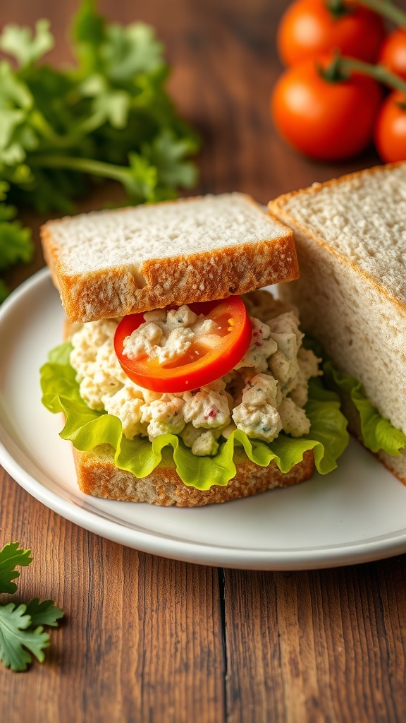 A delicious tuna salad sandwich with lettuce and tomato on a plate, surrounded by fresh ingredients.