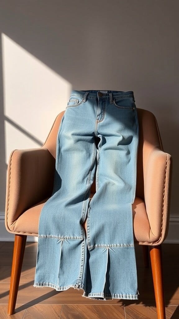 A pair of light blue low-cut jeans displayed on a chair, showcasing a unique cut at the bottom.