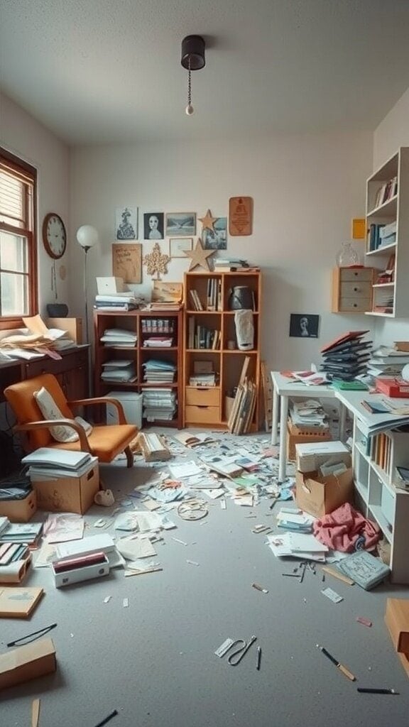 A cluttered workspace filled with papers, books, and scattered items.
