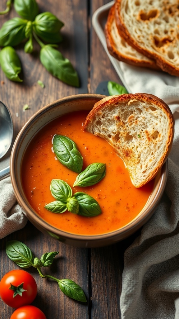 A bowl of creamy tomato basil soup with fresh basil leaves and a slice of toasted bread