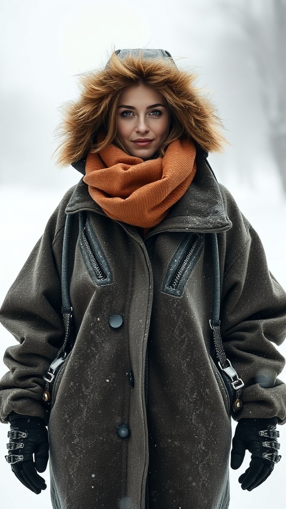A woman wearing an oversized coat with a fluffy hood and a chunky scarf in a snowy setting.