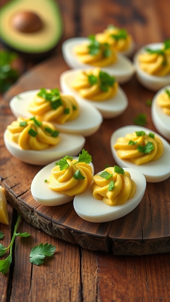 Deviled eggs with avocado and cilantro on a wooden platter