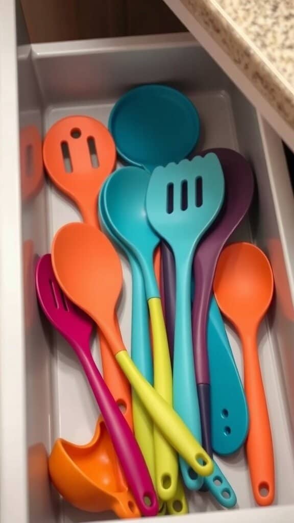 A drawer filled with colorful kitchen utensils in various shapes and sizes.