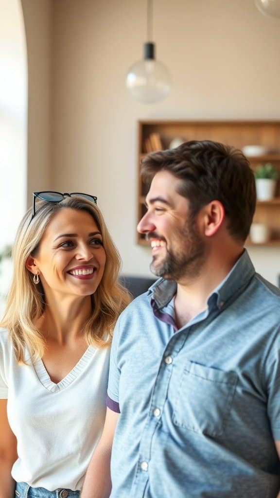 Two people smiling and engaging in conversation, with a third person in the background.