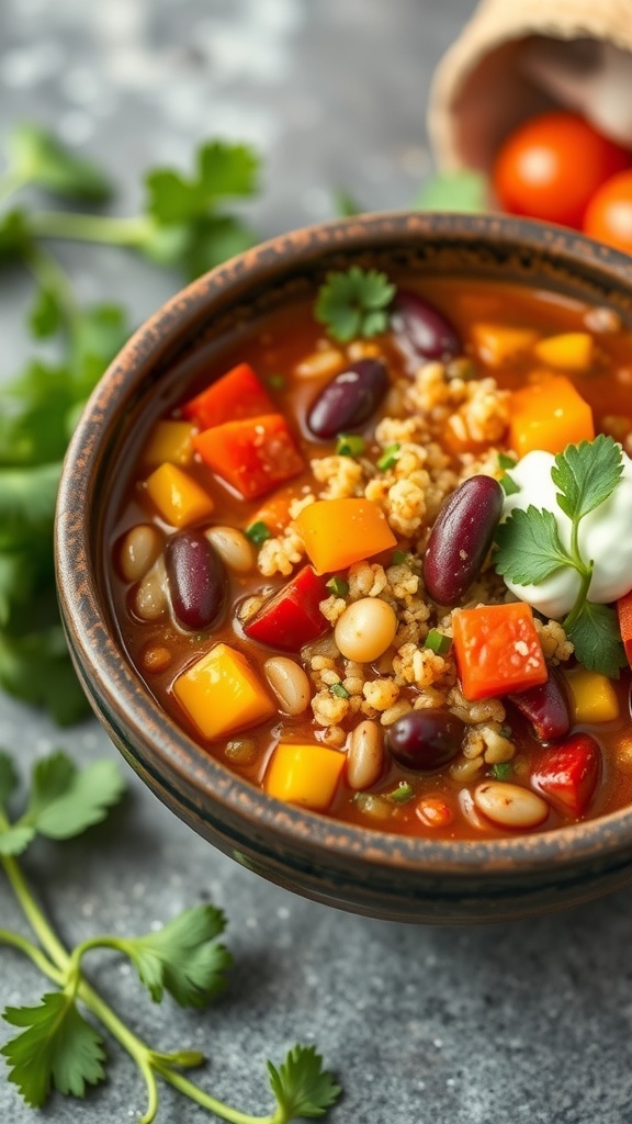A bowl of colorful vegetarian quinoa chili with beans and vegetables.