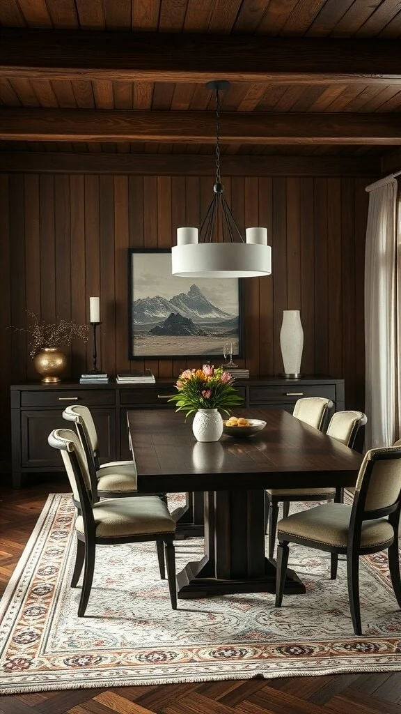 A dining area featuring a dark wooden table and chairs, with a floral centerpiece and decorative elements.
