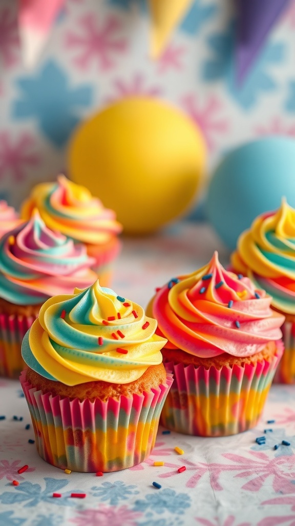 Colorful tie-dye cupcakes with vibrant frosting and sprinkles