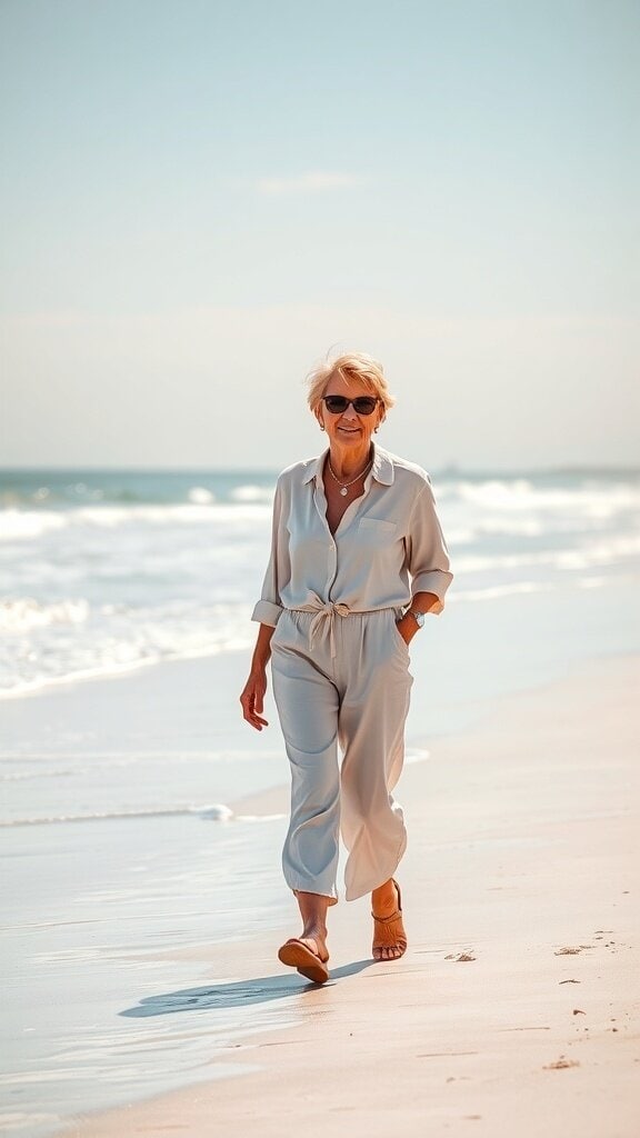 A woman in a light pastel outfit walking on the beach, showcasing a fresh and stylish look.