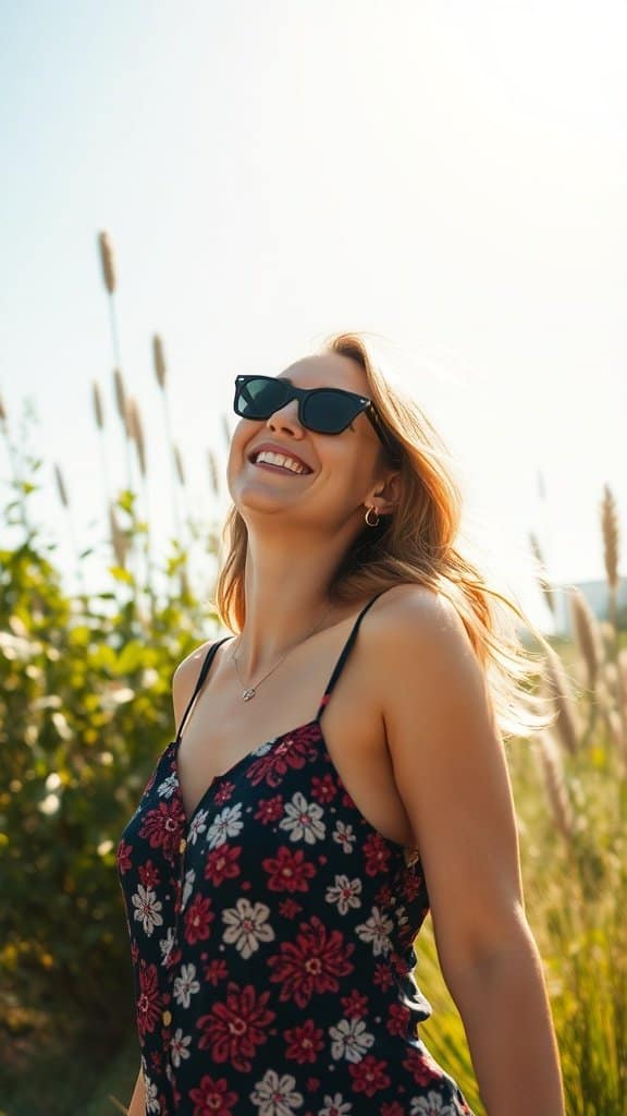 A smiling woman wearing sunglasses, enjoying a sunny day outdoors