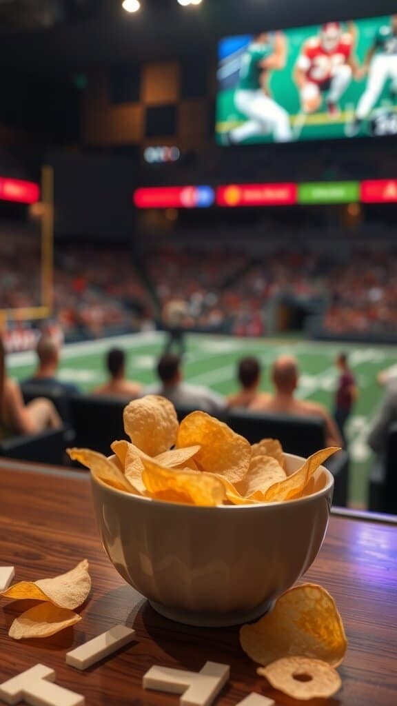 A bowl of plain potato chips on a table with a football game in the background.