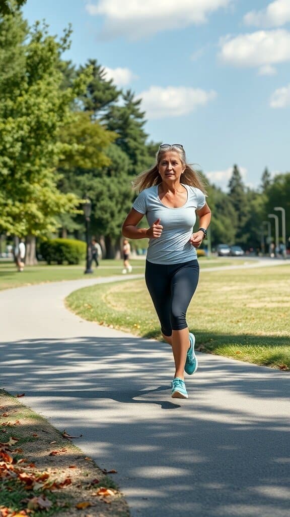 A woman jogging in a park, embodying health and fitness.